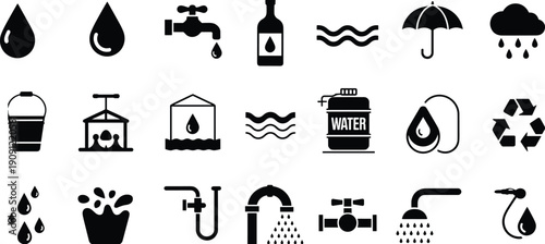 Collection of water icons including drops, faucet, bottle, rain cloud, umbrella, tank, recycling symbol, pipes and shower for plumbing and conservation concepts