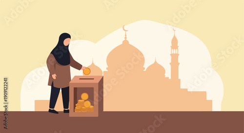 Generosity and Charity Concept A Muslim Woman Donating Coins to a Collection Box in Front of a Mosque Illustration