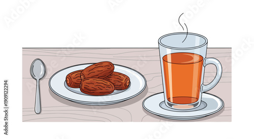 An inviting illustration showcasing a steaming glass of hot tea accompanied by a generous plate of natural sweet dates, ideal for a peaceful moment or a light meal