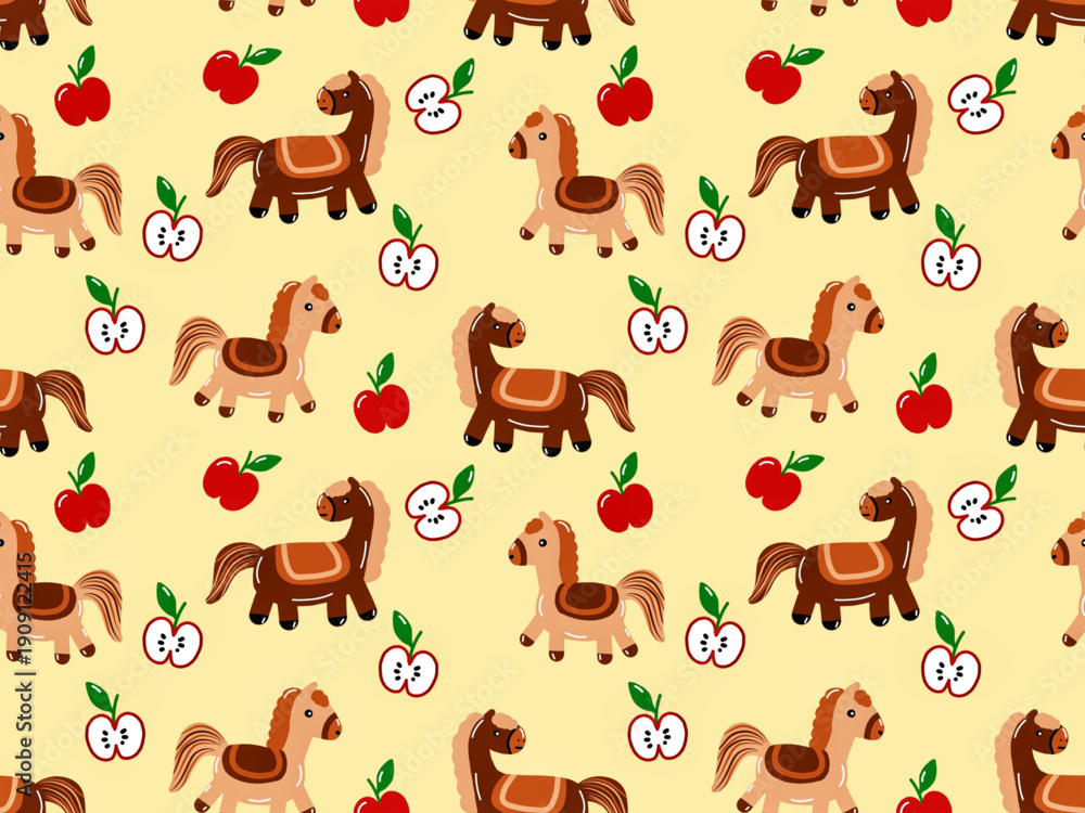 Obraz premium Seamless pattern of cute cartoon horse and apple with white background . Cute design for kids' supplies.