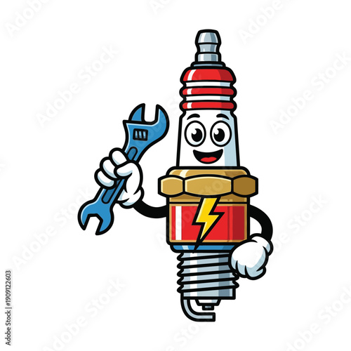 A cartoon spark plug character holding a wrench in a maintenance scene