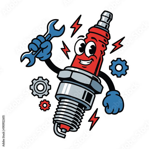 A cartoon spark plug character with a wrench and gears surrounding it, showcasing mechanical action and energy