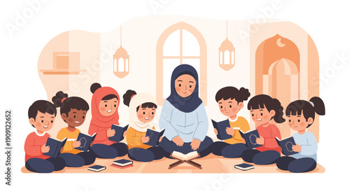 Diverse young students diligently learning and reading sacred texts with their devoted female teacher in a serene Islamic education setting, fostering knowledge and community