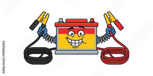 A cartoon car battery with a smiling face being jump-started by two clamps and cables in a humorous illustration