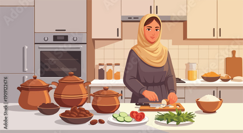 A woman in a hijab in a kitchen prepares food, with various ingredients and cookware spread across the counter, suggesting home cooking and culinary arts