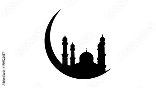 A serene mosque silhouette nestled within a crescent moon, symbolizing Ramadan Kareem, viewed from a distant perspective