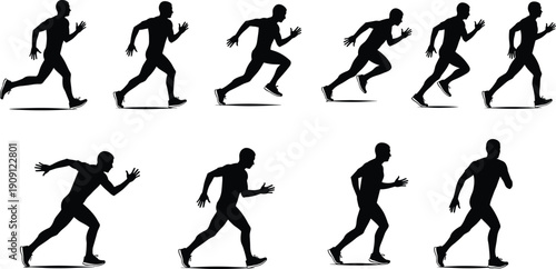 Set of running man silhouettes showing sprint motion sequence, athletic male runner poses in side view, isolated vector illustration for sports training design