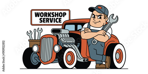 Mechanic standing confidently beside vintage orange car in workshop service setting with toolbox and equipment nearby