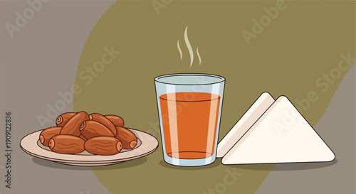 Iftar meal with dates, hot tea, and bread, perfect for Ramadan, breaking fast, and healthy snacking, offering a comforting and traditional culinary experience