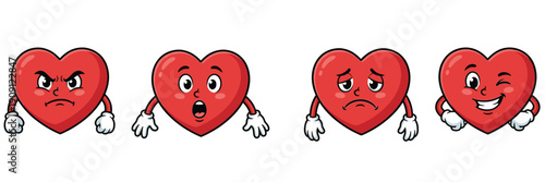Four cartoon hearts with different facial expressions displayed in a row