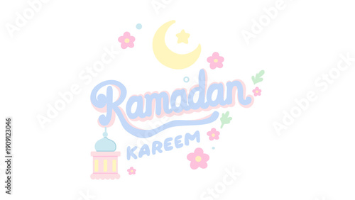 Celebrating Ramadan Kareem with crescent moon, stars, and mosque illustration