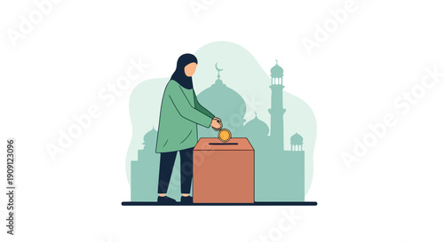 A Muslim woman in a hijab contributes to a charity donation box, embodying community support and generosity central to Islamic values