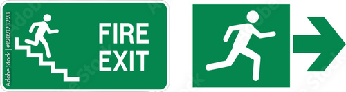 Fire exit emergency signage set with running man pictogram and direction arrow, evacuation safety signs isolated on white background