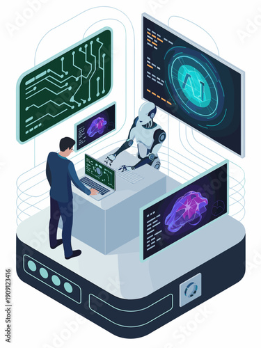 3D isometric scientist collaborating with advanced robot on artificial intelligence research data analysis and machine learning algorithm development in futuristic technology lab for innovation concep