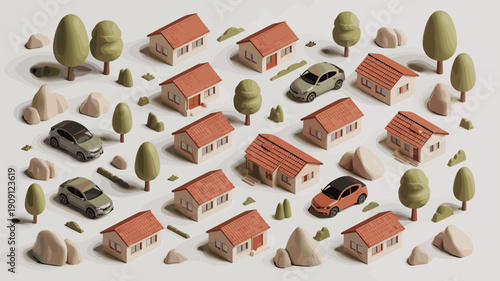 Isometric 3D miniature suburban neighborhood with houses cars trees and rocks arranged in a whimsical pattern for real estate development urban planning and lifestyle concepts clean minimalist design