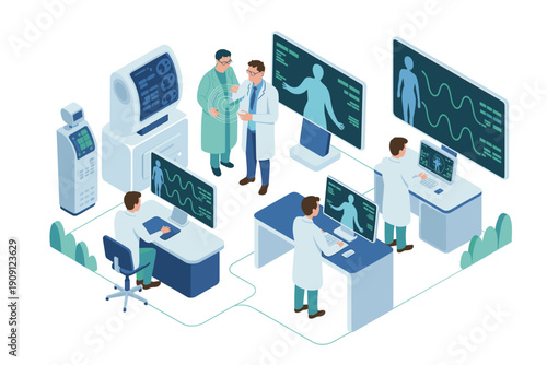 Medical professionals collaborating in futuristic hospital laboratory analyzing patient data on advanced holographic screens and computer workstations for innovative healthcare research diagnostics an