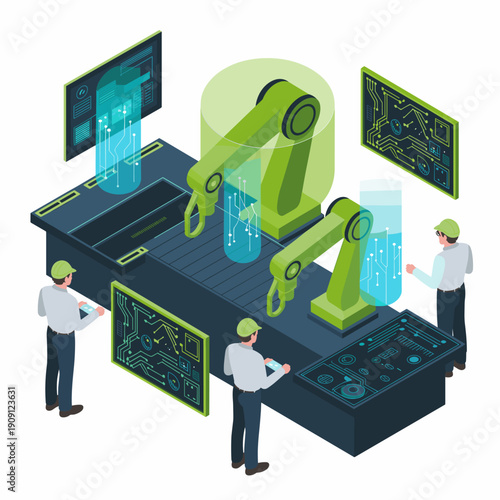Automated factory production line with robotic arms and engineers supervising control panels and digital screens showing circuit board schematics for industrial technology and manufacturing innovation