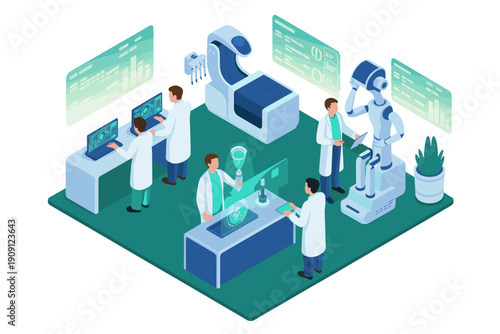 Scientists in futuristic laboratory working with advanced technology and robot futuristic research development future innovation concept scientific discovery medical breakthrough pharmaceutical indust