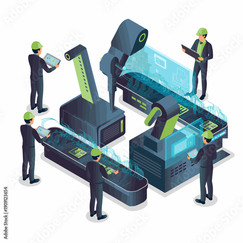 Modern factory automation with robotic arms and conveyor belts assembling microchips supervised by engineers using tablets and digital interfaces for advanced technology manufacturing and industry 4.0