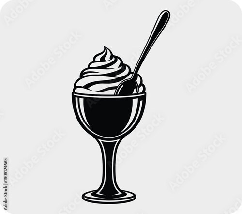Black and white illustration of ice cream sundae