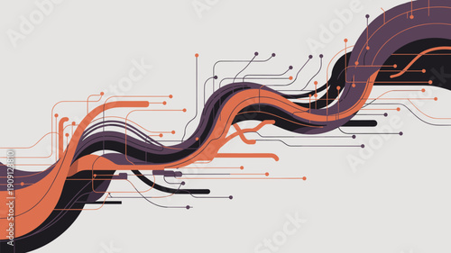Abstract digital network flow and data stream visualization with flowing lines and connected nodes representing technology innovation communication and global connectivity for modern design business c