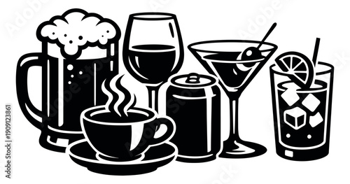 Line art beverage set featuring beer, coffee, wine, soda, martini, and cocktail drinks for menus and hospitality