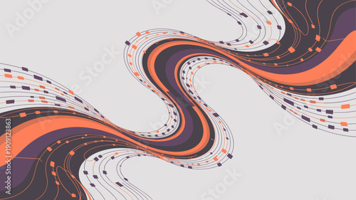 Abstract flowing wave pattern with orange and purple stripes and digital data particles energetic motion background for technology business finance science and modern design concepts