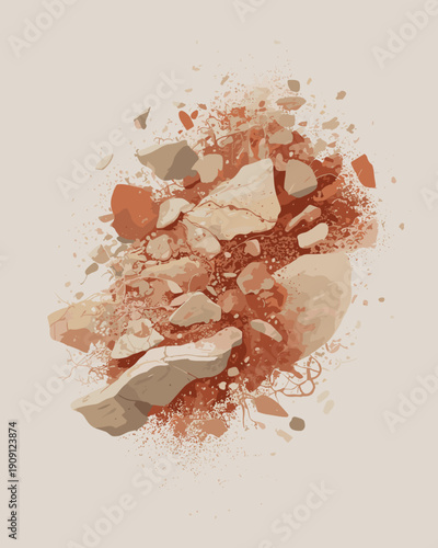 Abstract explosion of rocks dirt and debris in earthy tones against a neutral background dynamic scattering effect for construction geology or natural disaster concepts minimalist graphic illustration
