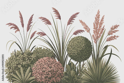 Elegant botanical arrangement featuring ornamental grasses pampas reeds and lush green foliage in a minimalist garden setting with muted terracotta pink and sage green tones for tranquil nature inspir