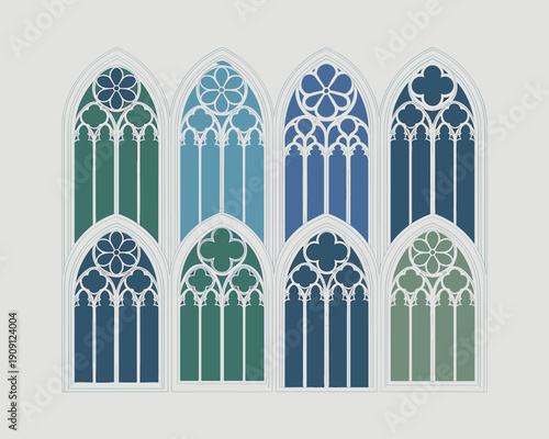 Gothic cathedral arched windows arranged in a grid pattern featuring stained glass in shades of blue and green with ornate tracery for elegant architectural design and historical illustration concepts