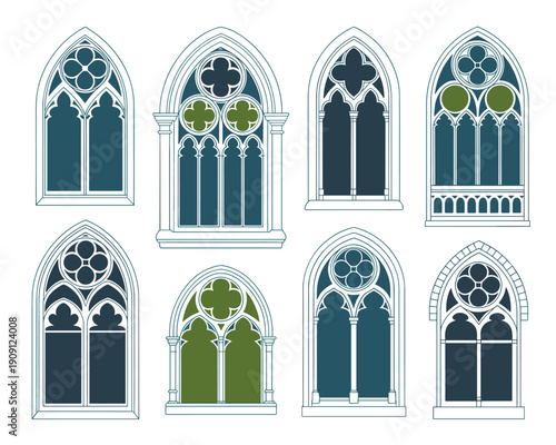 Set of Gothic arched windows flat vector illustration medieval architectural elements for historical buildings and design projects ornamental ornate tracery detailed classic exterior facade elements