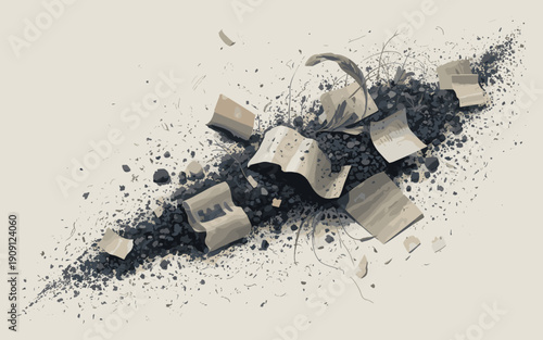 Scattered torn paper fragments and debris on dusty ground abstract artistic illustration representing loss failure or decay conceptual background for documentation breakdown or forgotten stories