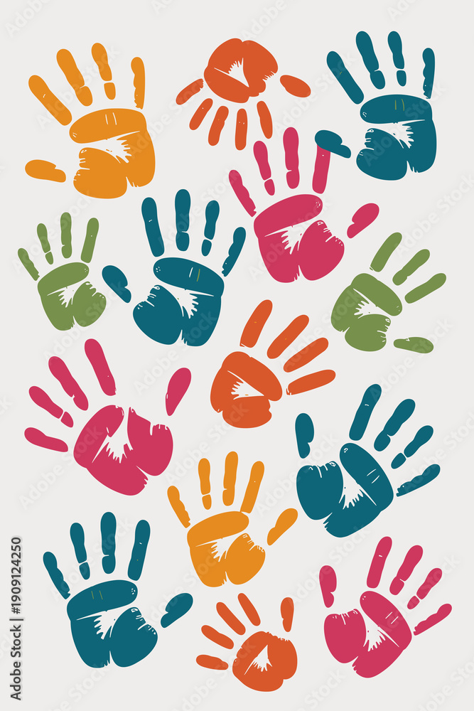 Fototapeta premium Colorful handprints pattern creative artwork diverse unity concept vibrant community collaboration diversity symbol team spirit friendship connection illustration for children and adults educational p