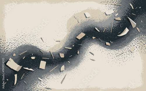 Abstract swirling smoke cloud with scattered paper fragments and wood splinters floating dynamically dynamic motion and chaos concept modern graphic background for design projects and creative layouts