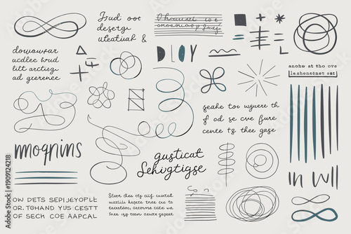 Abstract hand drawn doodle elements scribbles and whimsical shapes for graphic design and illustration artistic creative collection of unique symbols and handwritten text snippets for branding and cre