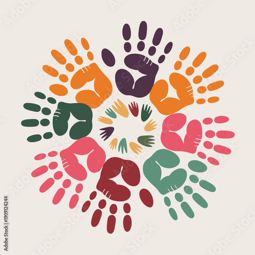 Colorful handprint mandala representing diversity unity inclusion community teamwork and connection abstract circular pattern for social causes graphic design and creative projects
