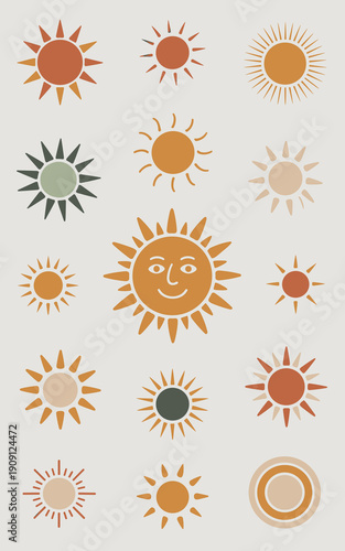 Boho sun illustrations seamless pattern repeating background with cheerful smiling sun face and abstract celestial shapes in warm earthy tones for kids room decor nursery wall art summer vibes and gra