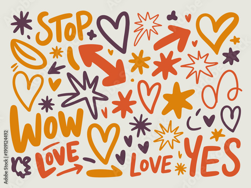 Collection of hand-drawn graphic elements hearts stars arrows words stop wow love yes in orange purple and yellow for vibrant graphic design and creative marketing campaigns