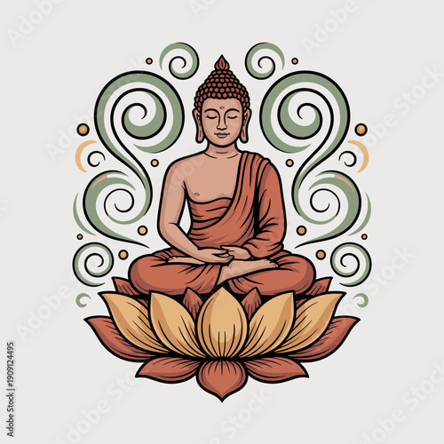 Buddha meditating serenely seated on lotus flower calm peaceful spiritual enlightenment concept zen mindfulness illustration for yoga meditation wellness spa and spiritual retreats tranquil oasis