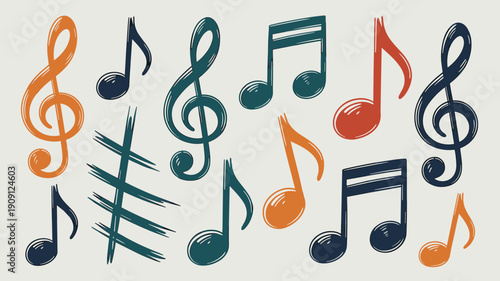 Hand drawn musical notes treble clefs and rests illustrations in vibrant orange teal and navy blue colors on a light background representing music creativity rhythm and harmony for digital and print m