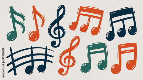 Vibrant musical notes and treble clef symbols in teal orange and navy blue hand drawn illustration collection for music education entertainment and creative projects graphic design elements concept