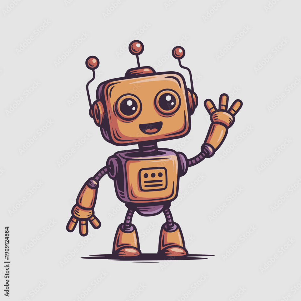 Fototapeta premium Cute orange cartoon robot character waving hello friendly greeting cheerful character illustration for technology concepts science fiction futuristic designs children's education and playful marketing