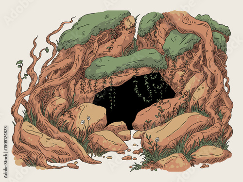 Mysterious overgrown cave entrance framed by ancient tree roots and mossy rocks forming a dark opening into the unknown natural landscape for fantasy adventure or exploration concepts