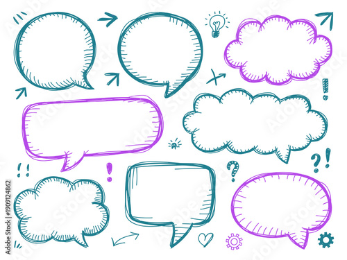 Hand drawn speech bubbles and thought clouds doodle set communication icons for design and brainstorming ideas creative dialogue social media posts and web elements simple sketch style graphic resourc