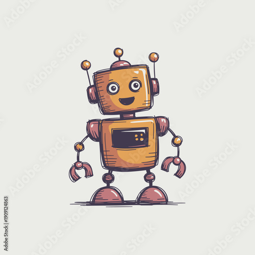 Cute cartoon robot character standing happily with cheerful expression friendly droid illustration for technology concepts futuristic design and playful children's stories science fiction adventure an