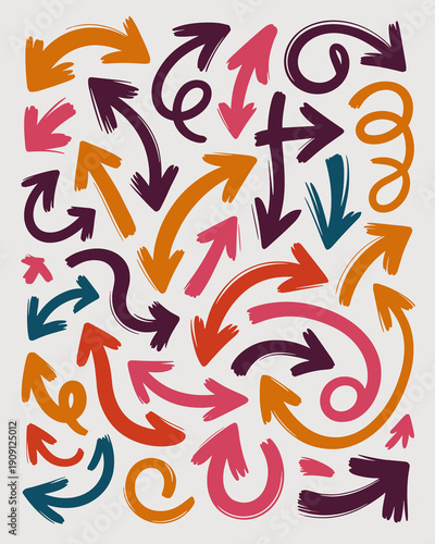 Colorful hand-drawn arrow set pointing in various directions a dynamic collection of directional symbols for graphic design and illustration projects illustrating movement guidance and choice concepts