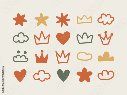 Boho nursery icons set cute hand drawn stars hearts crowns clouds minimalist abstract shapes for baby shower invitation greeting card design modern pastel color palette for children theme decor elemen