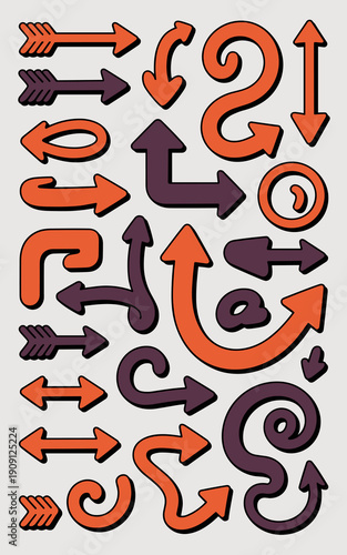 Collection of stylized retro arrow icons pointing in multiple directions diverse shapes and forms graphic elements for direction guidance navigation communication and design concepts in orange and pur
