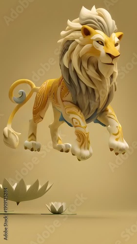 Majestic lion sculpture with intricate design in serene setting