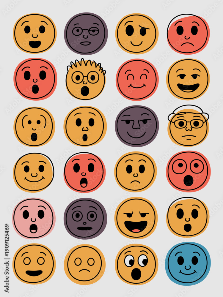 Fototapeta premium Collection of diverse emoji faces displaying a wide range of emotions and expressions happy surprised sad angry thoughtful playful confused excited excited joyful cheerful vibrant icons for social med